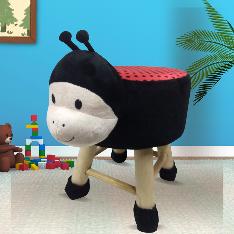 Wooden Animal Stool for Kids (LadyBug)| With Removable Soft Fabric Cover | (Black & Red)
