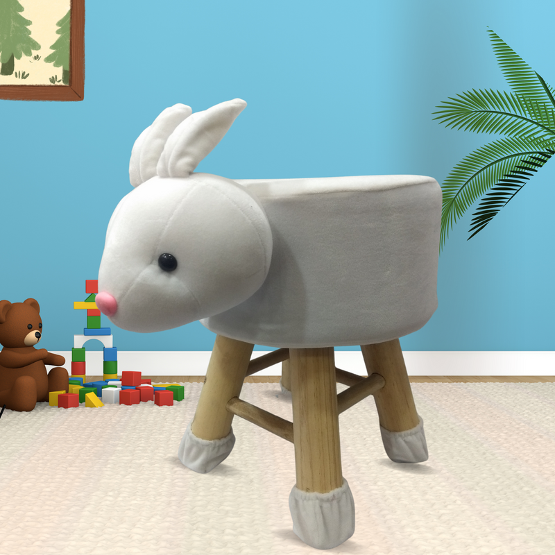 Wooden Animal Stool for Kids (Rabbit)| With Removable Soft Fabric Cover | (White)