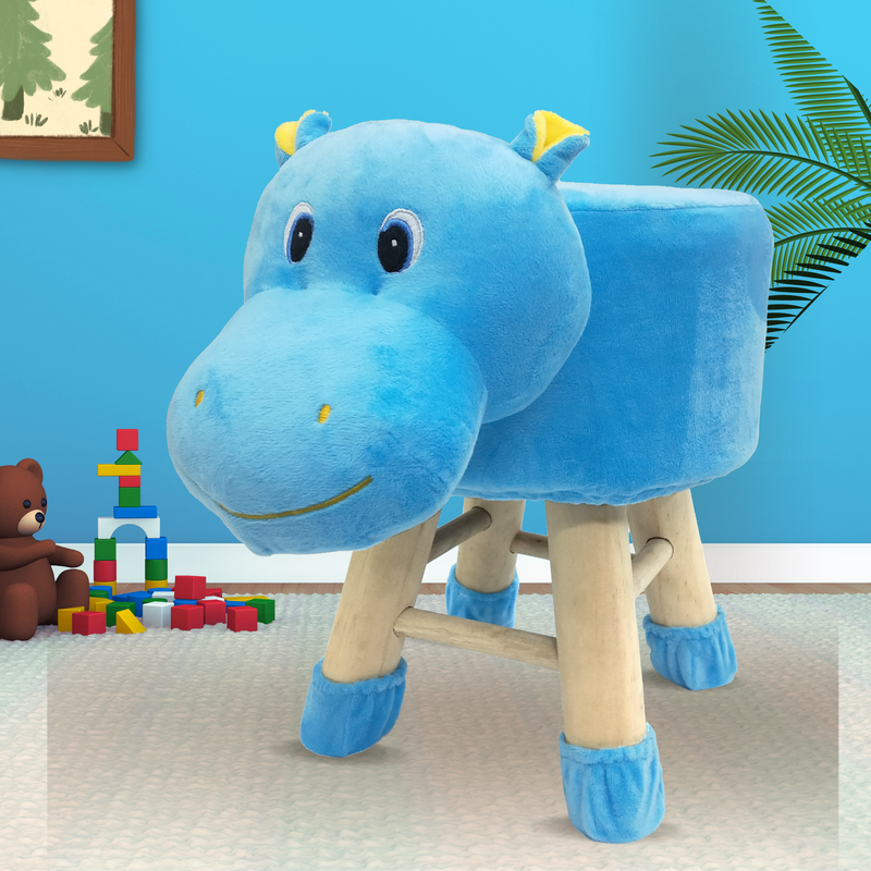 Wooden Animal Stool for Kids (Hippo)| With Removable Soft Fabric Cover | (Blue)