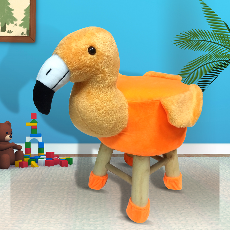 Wooden Bird Stool for Kids (Flamingo) | Round High Neck | With Removable Soft Fabric Cover | (ORG) - BestP : Best Product at Best Price