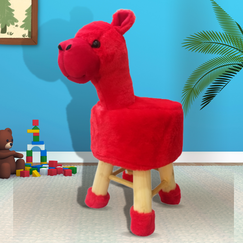 Wooden Alpaca Stool for Kids  (Red color)| with Removable Fabric Cover (13"/35cm)