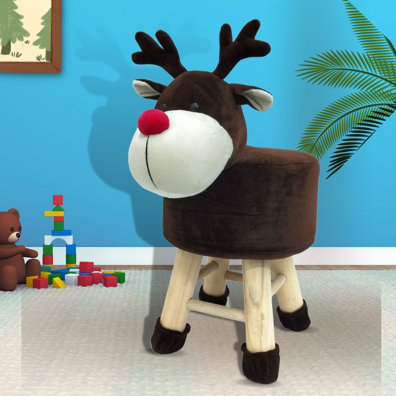 Wooden Animal Stool for Kids (Rudolph) | Round High Neck | With Removable Soft Fabric Cover |