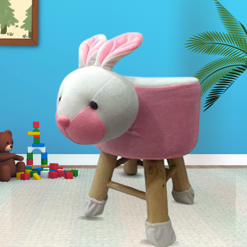 Wooden Animal Stool for Kids (Rabbit)| With Removable Soft Fabric Cover | (White & Pink)