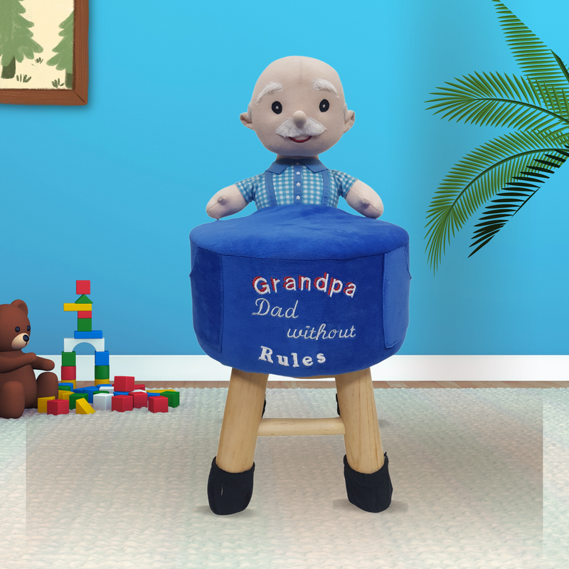 Wooden Embroidery Design Grand Father Doll Kids Stool in Blue Colour with Removable Soft Fabric Cover
