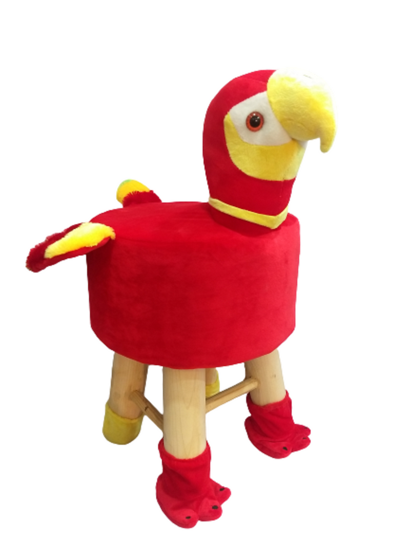 Wooden Bird Stool for Kids (Parrot) | Round High Neck | With Removable Soft Fabric Cover (Red) 42 CM