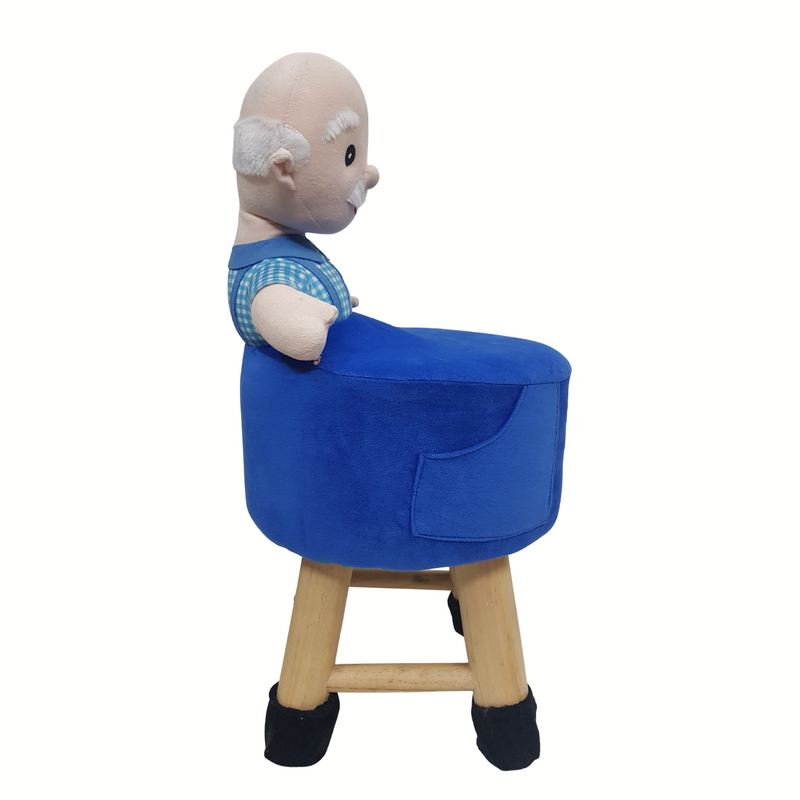 Wooden Embroidery Design Grand Father Doll Kids Stool in Blue Colour with Removable Soft Fabric Cover
