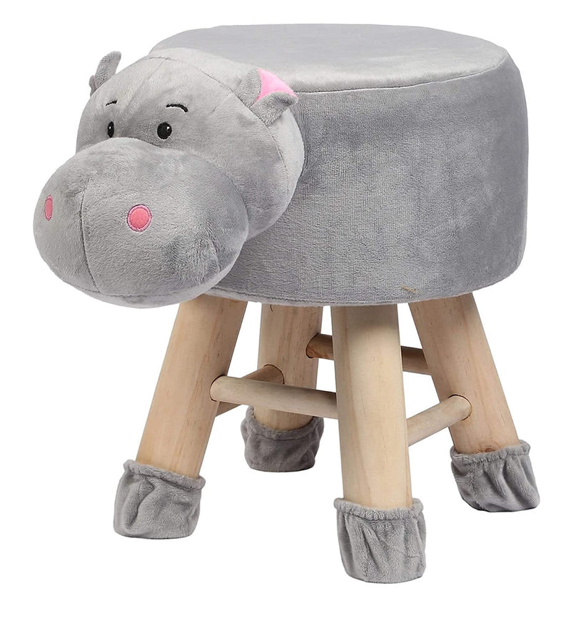 Wooden Animal Stool for Kids (Hippo)| With Removable Soft Fabric Cover | (GRY)