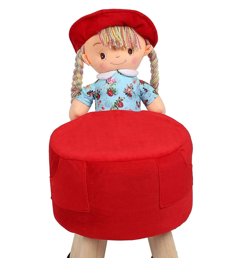 BestP Wooden Girl Doll Kids Stool in Red Colour with Removable Soft Fabric Cover