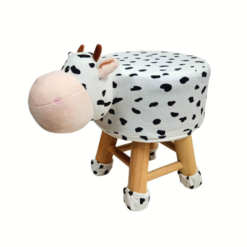 Wooden Animal Stool for Kids (Cow)| With Removable Soft Fabric Cover | (White)