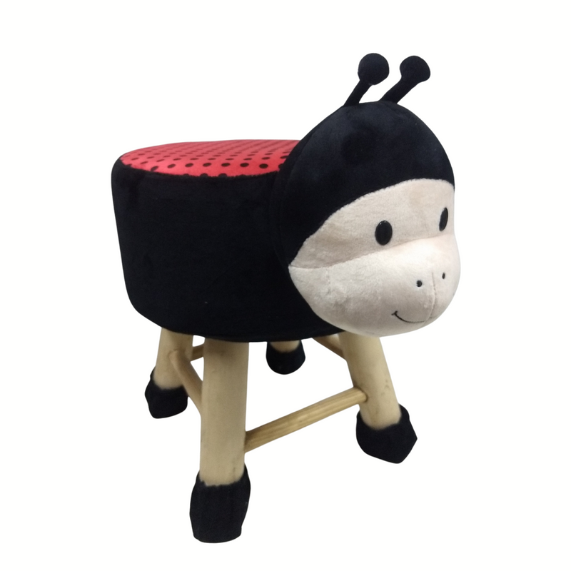 Wooden Animal Stool for Kids (LadyBug)| With Removable Soft Fabric Cover | (Black & Red)