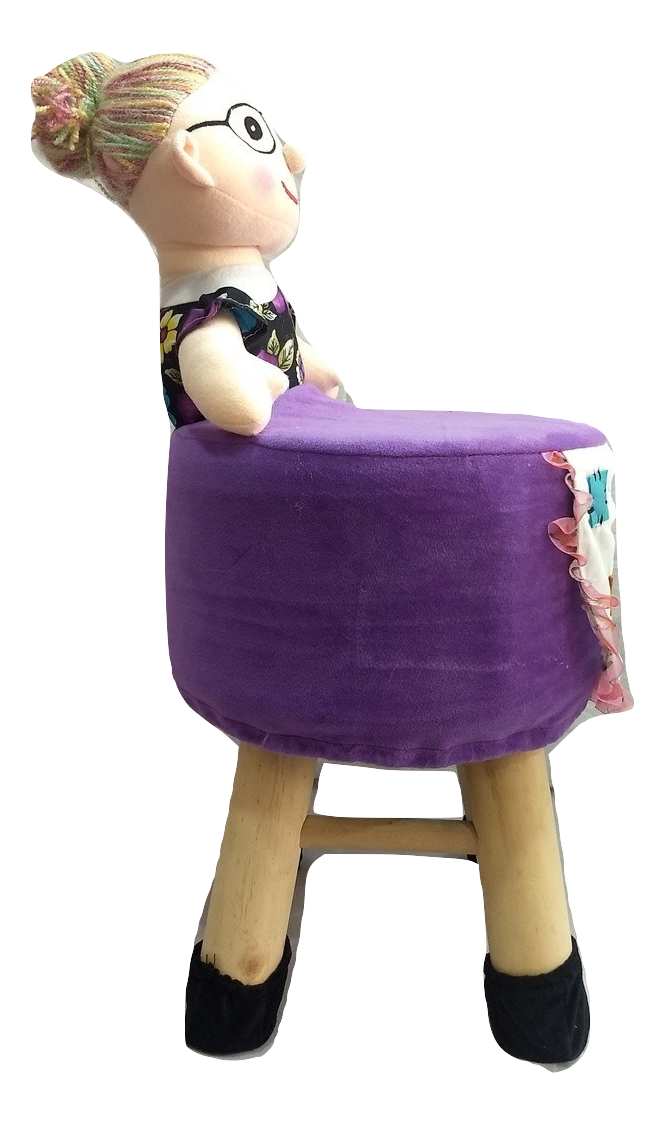 Wooden Grand Mother Doll Kids Stool in Purple Colour With Removable Soft Fabric Cover