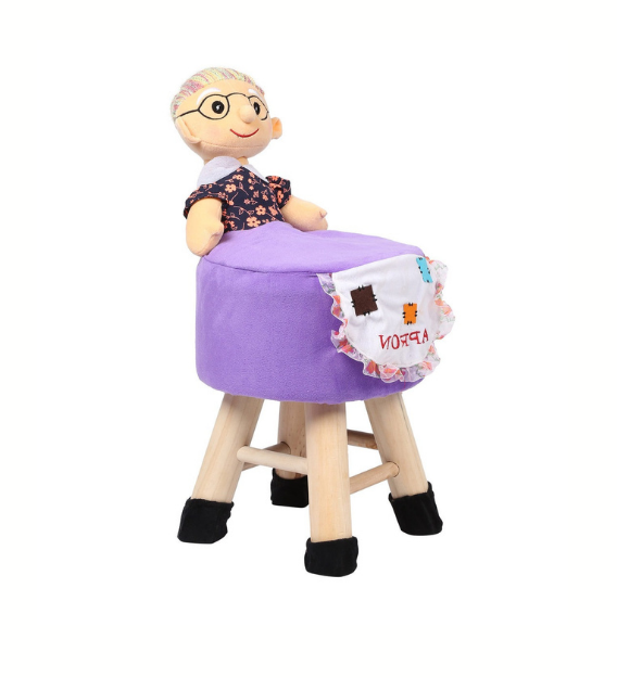 Wooden Grand Mother Doll Kids Stool in Purple Colour With Removable Soft Fabric Cover