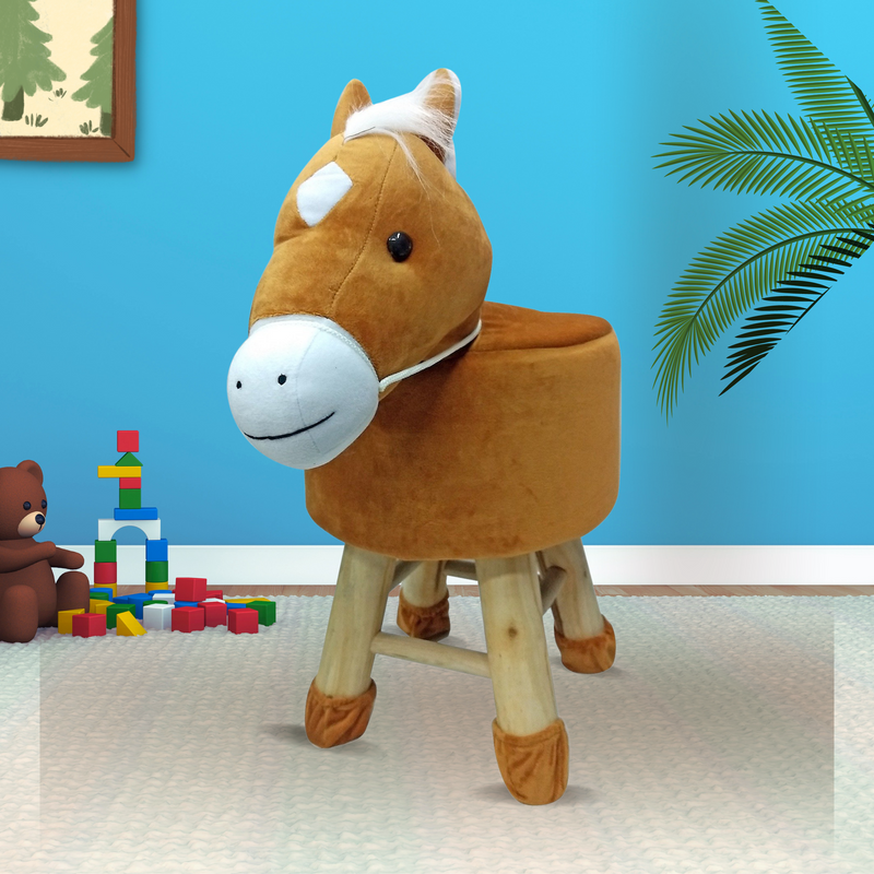 Wooden Animal Stool for Kids (Horse in Mustard)| With Removable Soft Fabric Cover | (16"/42cm)