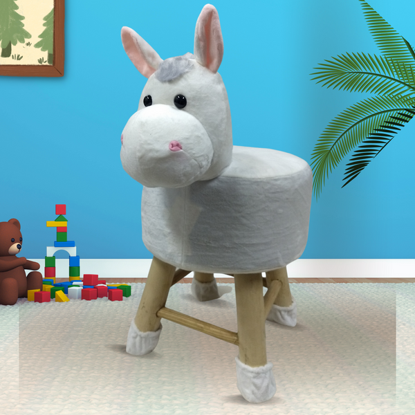 Wooden Animal Stool for Kids (Donkey in White color ) | Round High Neck | With Removable Soft Fabric Cover  16"/42cm)…