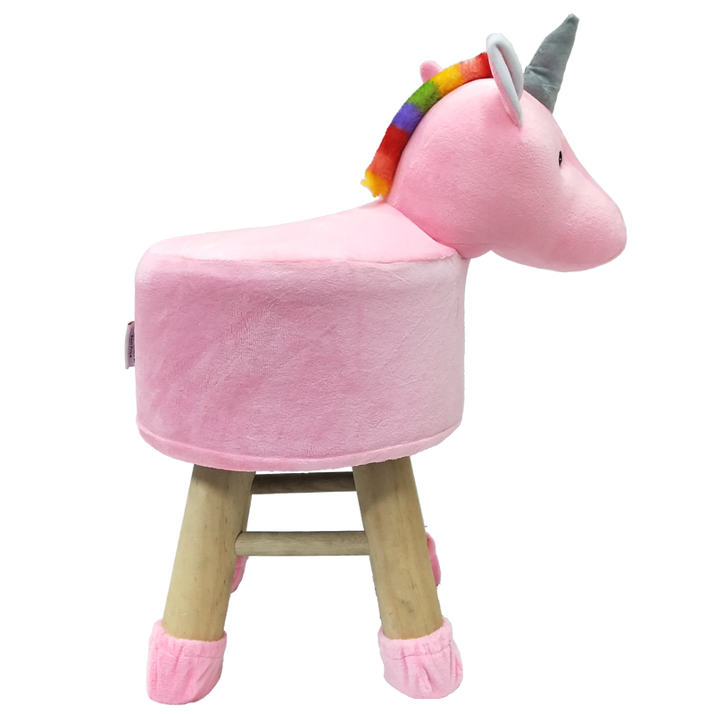 Wooden Animal Stool for Kids (Unicorn) | Round High Neck | With Removable Soft Fabric Cover | (Pink)