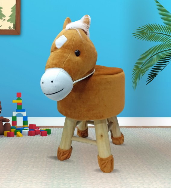 Wooden Animal Stool for Kids (Horse in Mustard color)| With Removable Soft Fabric Cover | (13"/35cm)