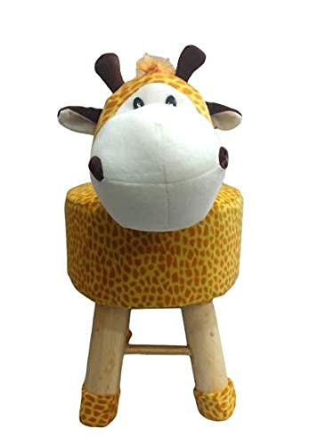 Wooden Animal Stool for Kids (Giraffe) | Round High Neck | With Removable Soft Fabric Cover | (YELLOW)