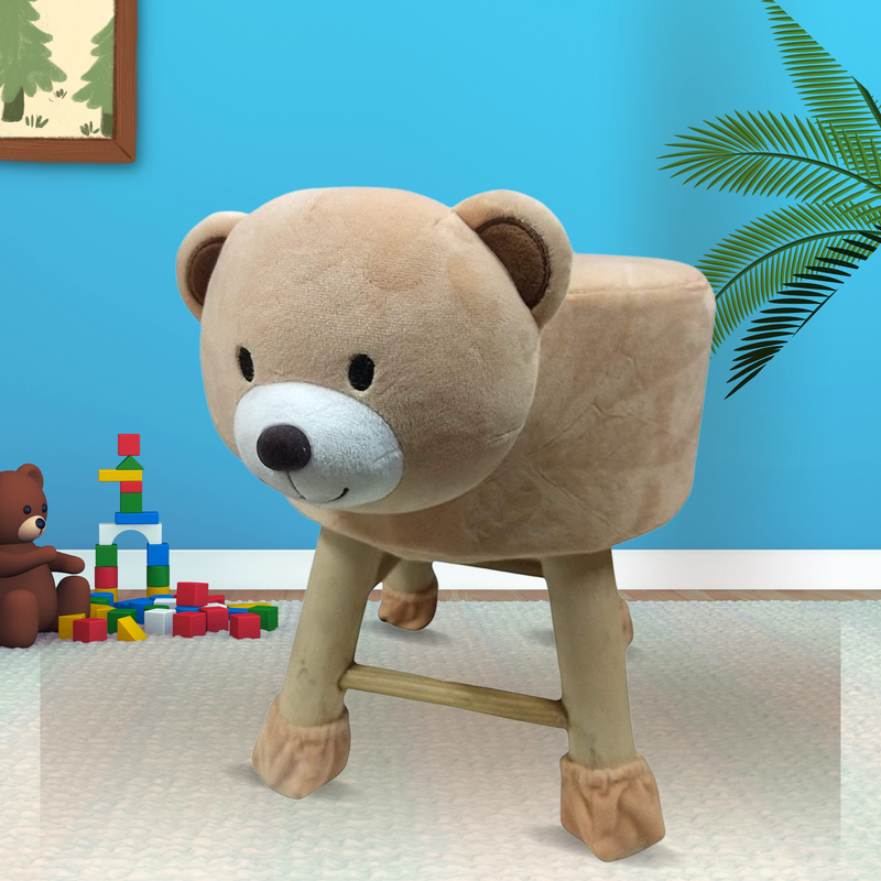 Wooden Animal Stool for Kids (Bear in Cream Color)| with Removable Fabric Cover (13"/35cm)