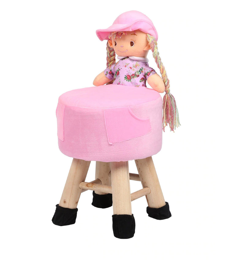 Wooden Girl Doll Kids Stool in Pink Colour with Removable Soft Fabric Cover 42 CM