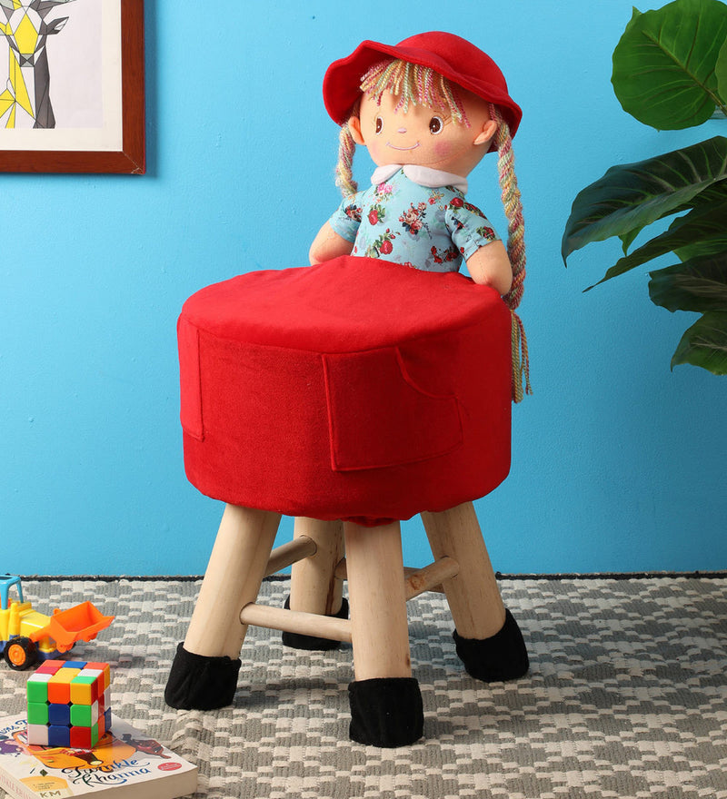 BestP Wooden Girl Doll Kids Stool in Red Colour with Removable Soft Fabric Cover