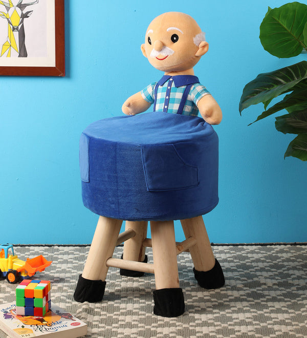 Wooden Grand Father Doll Kids Stool in Blue Colour with Removable Soft Fabric Cover 42 CM
