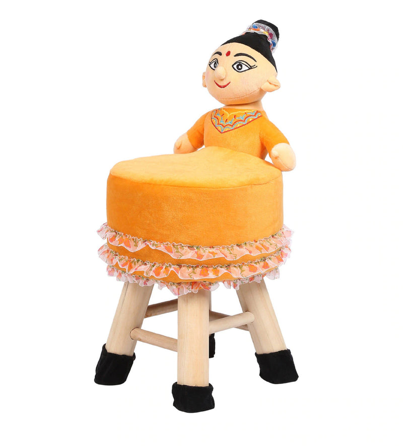 Wooden Mother Doll Kids Stool in Orange Colour with Removable Soft Fabric Cover 42 CM