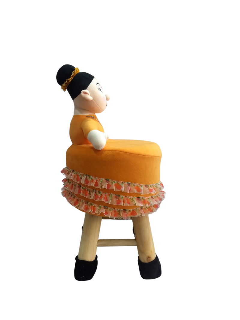 Wooden Mother Doll Kids Stool in Orange Colour with Removable Soft Fabric Cover