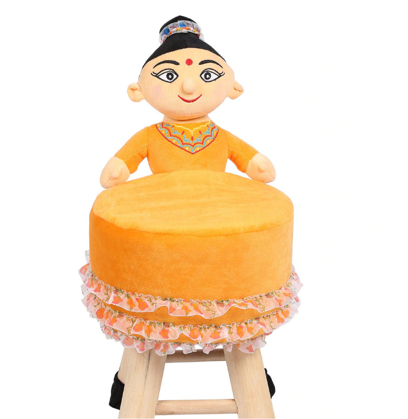 Wooden Mother Doll Kids Stool in Orange Colour with Removable Soft Fabric Cover 42 CM
