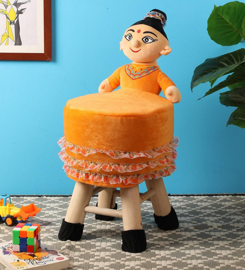 Wooden Mother Doll Kids Stool in Orange Colour with Removable Soft Fabric Cover