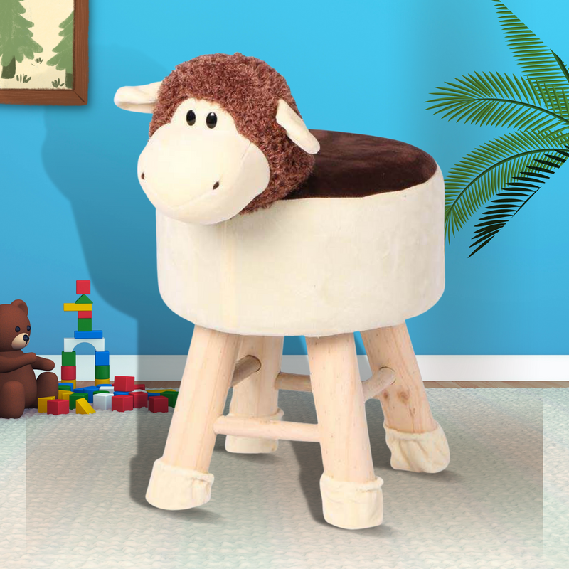 Wooden Animal Stool for Kids (Sheep)| with Removable Fabric Cover (Beige & Brown) 42 CM