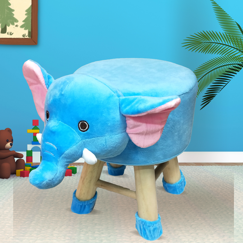 Wooden Animal Stool for Kids (Elephant)| With Removable Soft Fabric Cover | (Blue)