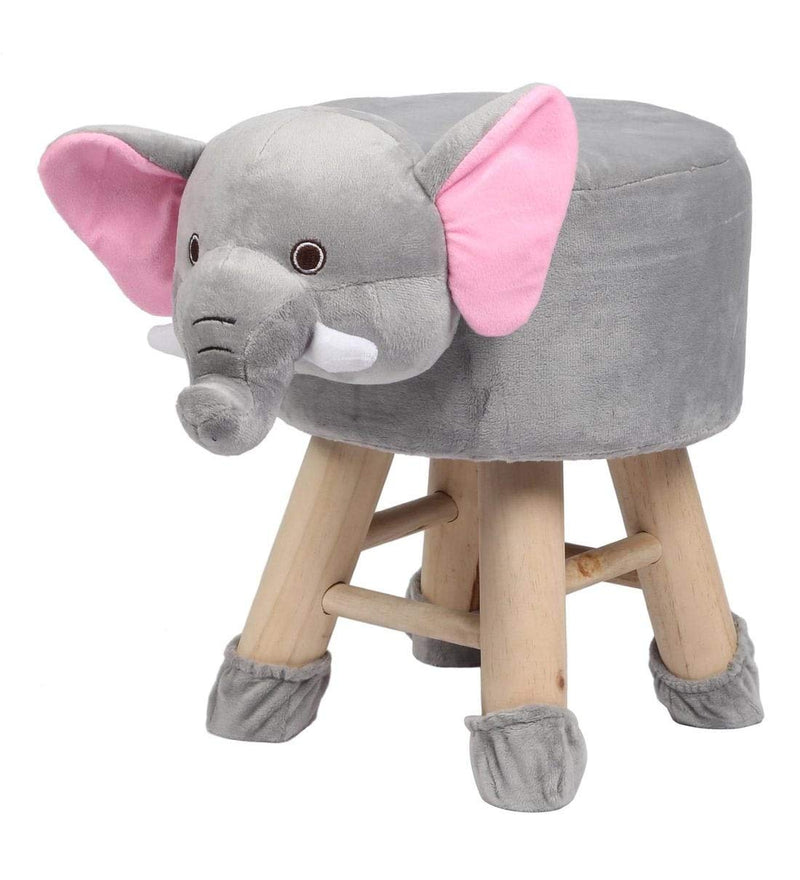 Wooden Animal Stool for Kids (Elephant)| With Removable Soft Fabric Cover | (Light Grey)