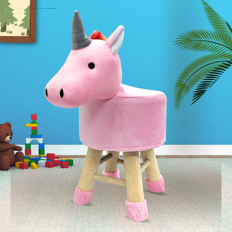 Wooden Animal Stool for Kids (Unicorn) | with Removable Fabric Cover (Pinki) 42 CM