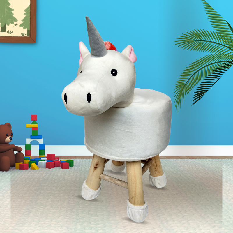 Wooden Animal Stool for Kids (Unicorn) | Round High Neck | With Removable Soft Fabric Cover | (White)