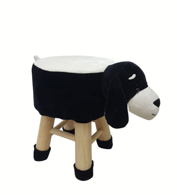 Wooden Animal Stool for Kids (Dog in White & Black)| With Removable Soft Fabric Cover (16"/42cm)