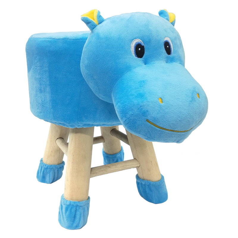 Wooden Animal Stool for Kids (Hippo)| With Removable Soft Fabric Cover | (Blue) 42 CM