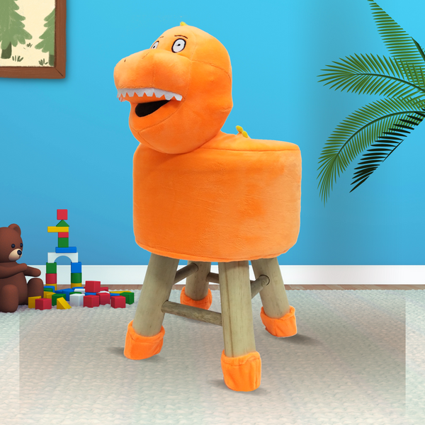 Wooden Animal Stool for Kids (Dinosaur)| With Removable Soft Fabric Cover | (Orange)