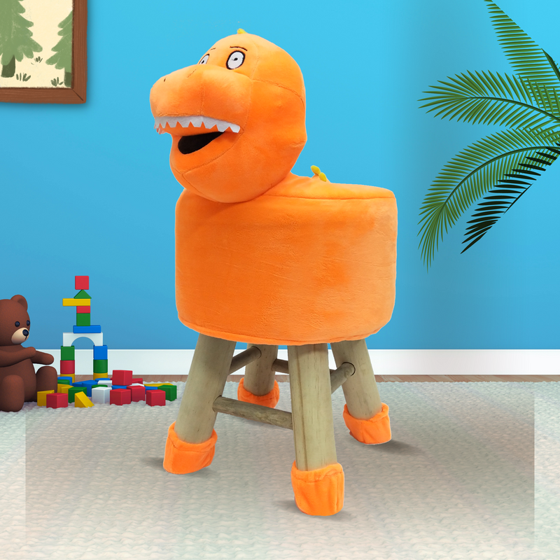 Wooden Animal Stool for Kids (Dinosaur)| With Removable Soft Fabric Cover | (Orange) 42 CM