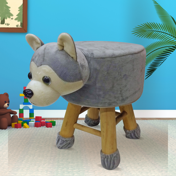 Wooden Animal Stool for Kids (Fox) | with Removable Fabric Cover (Grey) 42 CM
