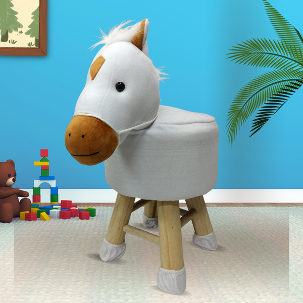 Wooden Animal Stool for Kids (Horse in White color) with Removable Soft Fabric Cover (16"/42cm)