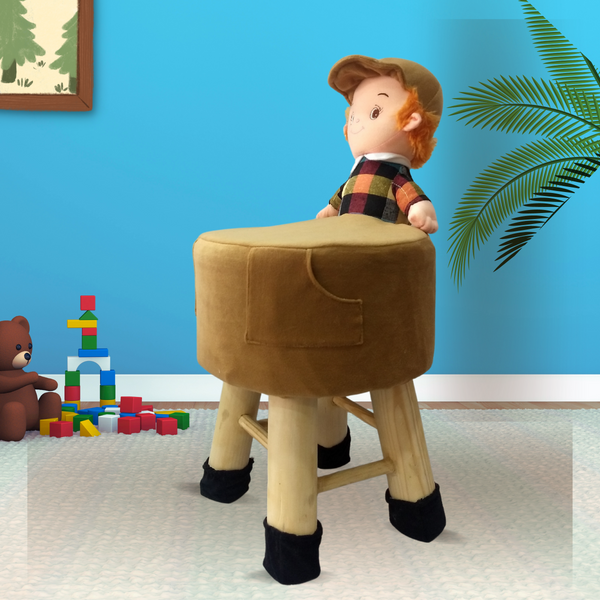 BestP Wooden Boy Doll Kids Stool in Brown Colour with Removable Soft Fabric Cover