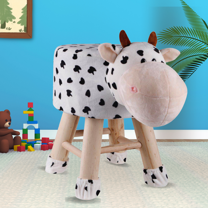 Wooden Animal Stool for Kids (Cow)| With Removable Soft Fabric Cover | (White)