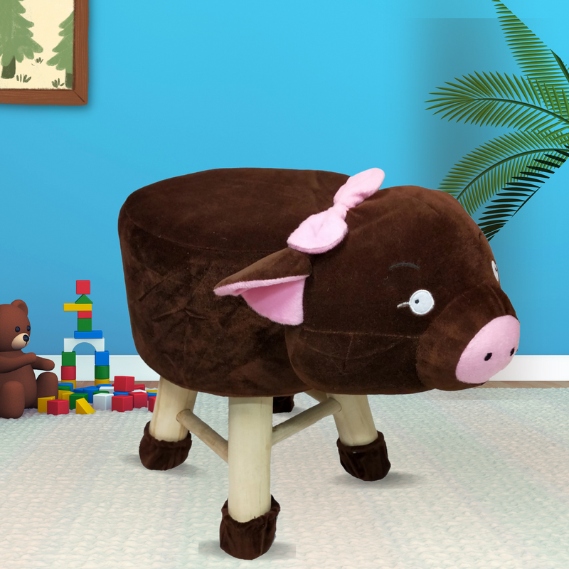 Wooden Animal Stool for Kids (Pig in Wine color )| With Removable Soft Fabric Cover (13"/35cm)…