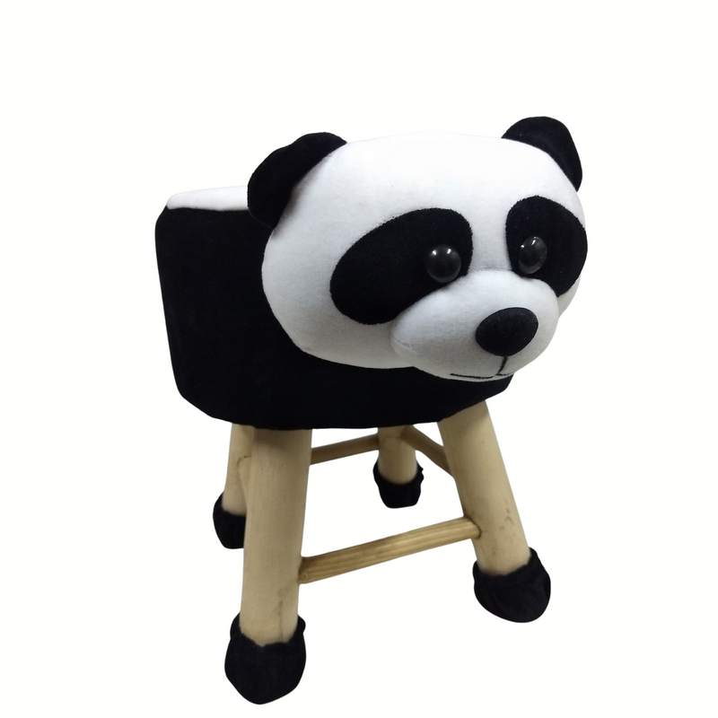 Wooden Animal Stool for Kids (Panda) with Removable Fabric Cover (Panda Black)