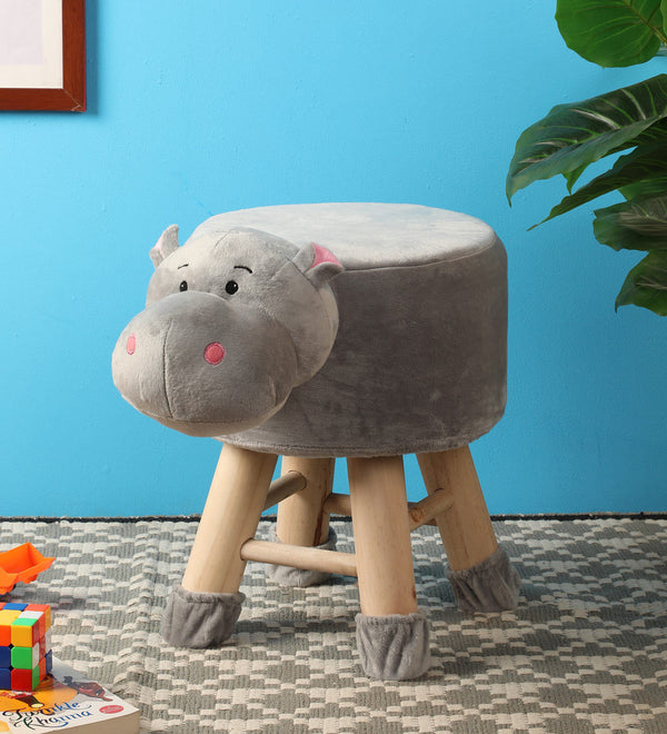 Wooden Animal Stool for Kids (Hippo Grey) with Removable Fabric Cover (Grey) 42 CM