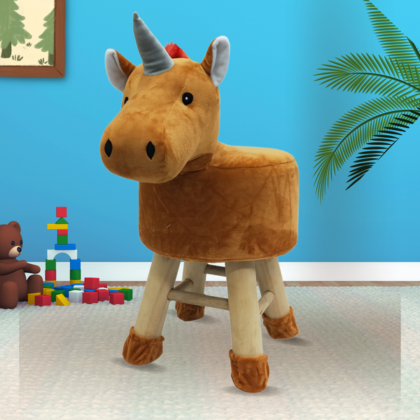 Wooden Animal Stool for Kids (Unicorn in Mustard color) | with Removable Fabric Cover (16"/42cm)