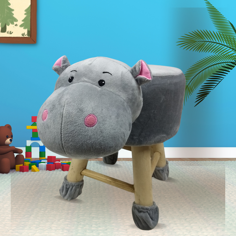 Wooden Animal Stool for Kids (Hippo)| With Removable Soft Fabric Cover | (GRY)