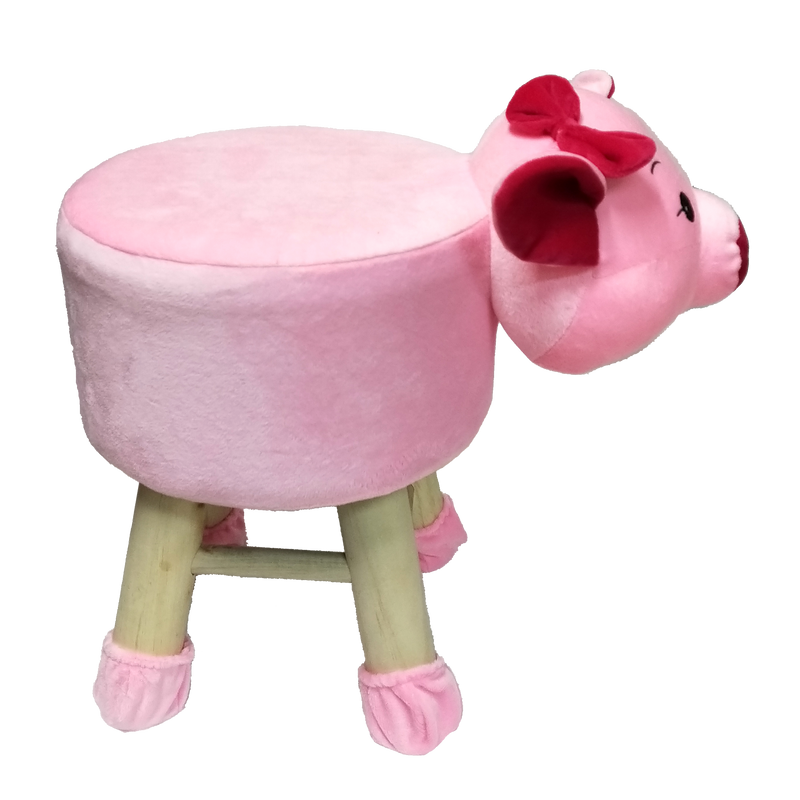 Wooden Animal Stool for Kids (Pig )| with Removable Fabric Cover (Pink with Bow) 42 CM