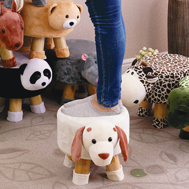 Wooden Animal Stool for Kids (Donkey) | Round High Neck | With Removable Soft Fabric Cover | (White)
