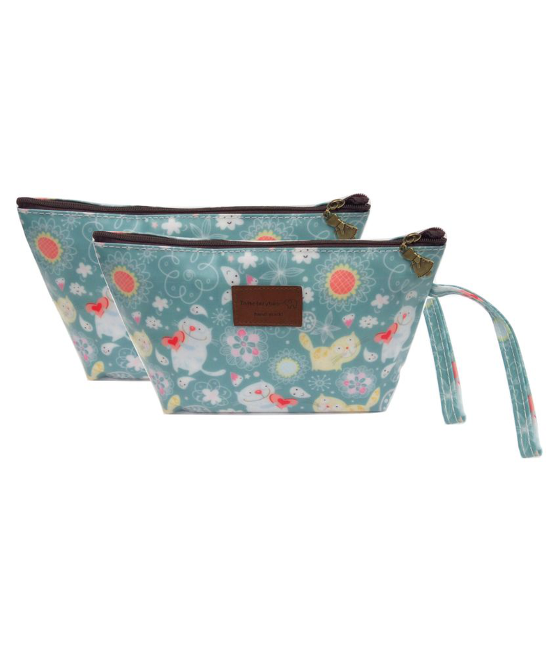 Assorted Kitty Print Cosmetic & Travel Bag in Rusty Blue Color | With Side Handle - BestP : Best Product at Best Price